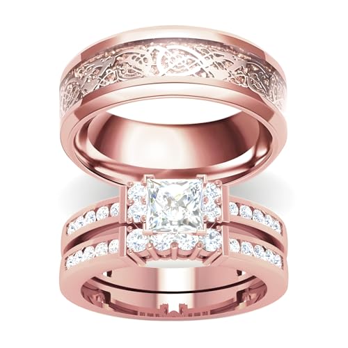 3Pcs Moissanite Wedding Rings Sets for Couples, s925 10K 14K 18K Real Gold Wedding Rings Sets for Him and Her, Customized Matching Engagement Bands Set for Men and Women Free Engraving - style: Style-4