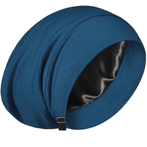 100% Mulberry Silk Bonnet for Sleeping Women Men, Real Silk Lined Bonnets for Curly Hair, Braid Sleep Cap Black Womens - color: Steel Blue + Black Lining