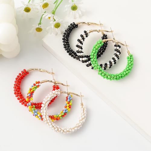 Jinxiuge 6 Pair Beaded Hoop Earrings Boho Flower Round Earrings Women's Handmade Earrings Set - style: Style-D