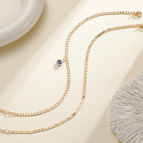 Ritach Ankle Bracelets for Women - Silver/Gold Plated Stainless Steel Anklets for Women Waterproof Layered Cuban Link Figaro Chain Heart Anklets Set Summer Beach Jewelry Gifts - color: Gold-Layered Evil Eye Anklet