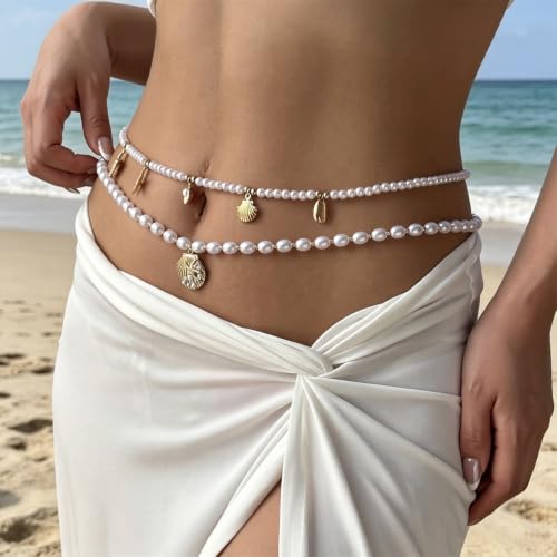 Gold Starfish Seashell Waist Chain Belt for Women Boho Mermaid Pearl Body Chain Summer Beach Vacation Bikini Jewelry Accessories - style: Pearl Double