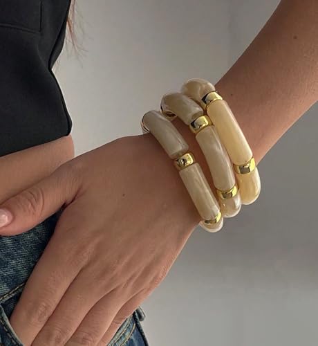 iF YOU 6pcs Chunky Acrylic Bangle Bracelets for Women, Resin Bamboo Brown Stretchy Bracelet Stack, Fashion Jewelry for Women - color: 6pcs-beige & brown bracelets