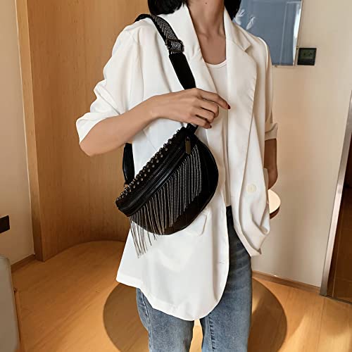 GLT.ETL Fanny pack Chest Bag For women Faux leather Fringe Quilted Waist Bum Cross body Bags Rivet studded Tassel Purses (Black) - color: Black