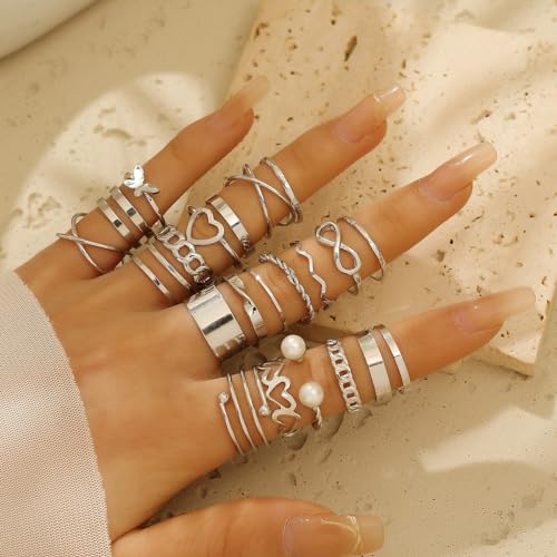22 Pcs Gold Knuckle Rings Set for Women,Boho Fashion Thick Finger Stacking Rings,Vintage Midi Hollow Statement Rings Pack Jewelry Gift - color: Silver