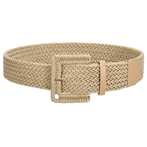 JASGOOD Women Wide Woven Belt for Dresses Rattan Waist Belt Braided Boho Belt with Square Buckle - color: Khaki, size: Fit Waist Size 28-32inch