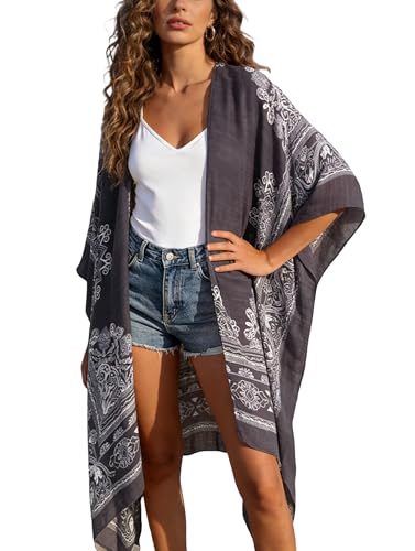 Breezy Lane Kimonos for Women Swimsuit Coverups Beach Cover Up Swimwear Cardigan Summer - color: A1 Gray Print