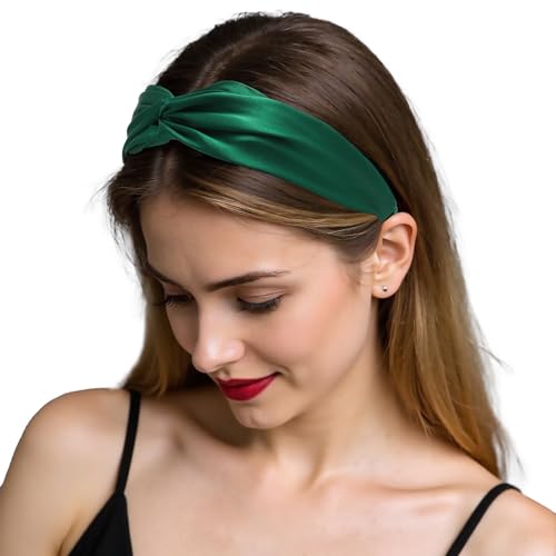 ZLYC Mulberry Silk Headband Elastic Twist Knotted Head Bands for Women's Hair, Solid Dark Green - color: Solid Dark Green