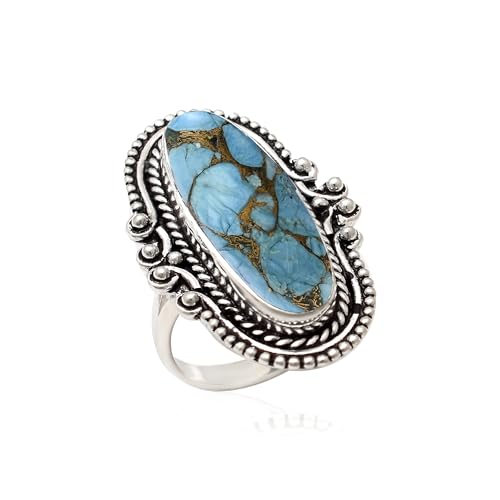 925 Sterling Silver Blue Copper Turquoise Ring for Women – Handmade Oval Statement Ring with Purple Turquoise Option, Vintage Boho Jewelry Gift