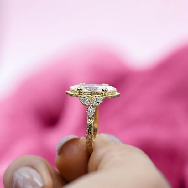 Silvart 3 Ct Marquise Cut Diamond Antique Art Deco Cathedral Vintage Milgrain Floral Engagement Ring For Women 14K Yellow Gold Plated Engraving Wedding Bridal Ring 925 Sterling Silver Handmade Ring
