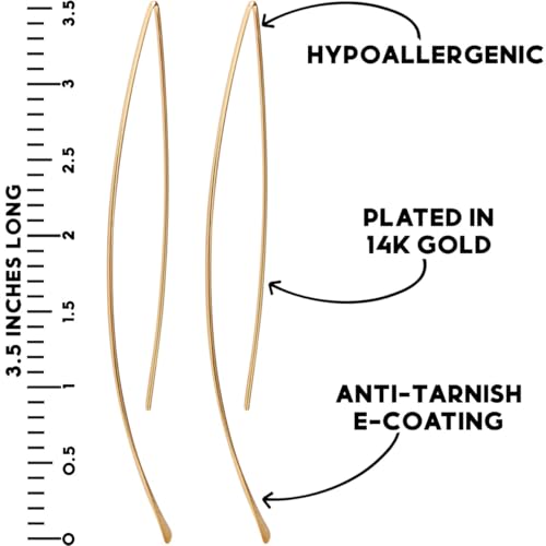 Upside Down Hoop Earrings - Hypoallergenic Lightweight Wire Needle Drop Dangle Threader Hoops for Women, Safe for Sensitive Ears - Plated in 925 Sterling Silver or 18k Gold - color: 3.25" inch - 18k Gold Plated