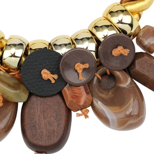 Chunky Statement Wood Pendant Necklace for Women Rope Braided Colorful Resin Stone Tribal Ethnic Bold Boho Fashion Jewelry - color: N1539-brown