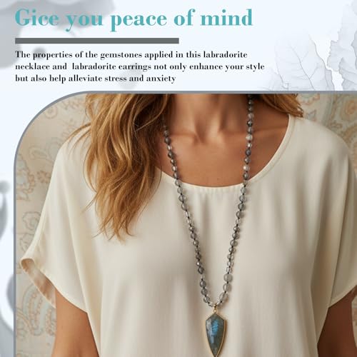 Boho Jewelry Sets for Women | 3 Pcs Natural Amethyst Labradorite Rose Quartz Beaded Long Necklace Wrap Bracelet Dangle Earrings Handmade Vintage - color: Labradorite