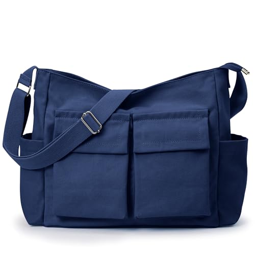 KALIDI Canvas Tote Bag Large Hobo Crossbody Shoulder Handbag Zipper Messenger Bag for Women or Men Casual College Work - color: Upgraded Deep Blue
