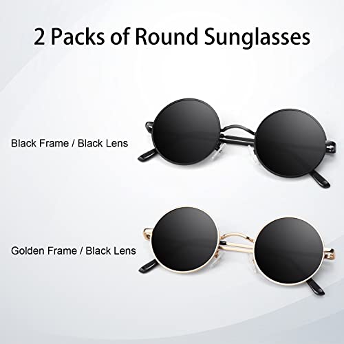 Round Polarized Sunglasses Men Women,Retro Metal Hippie Shades with 100% UV Protection - color: B1- Black Frame Black Lens + Golden Frame Black Lens