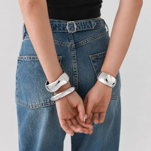 Chunky Gold Bangle Bracelets for Women Trendy 14K Gold Plated Cuff Bracelets Stack, Dainty Gold Bracelet Sets Non Tarnish Fashion Jewelry Gift - style: Silver-3pc-012