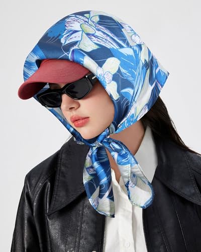 AWAYTR 27.5” Square Satin Head Scarf Hair Scarf for Women's Hair Silk Bandana for Women Silk Head Wrap for Sleeping - color: Flower (Blue)