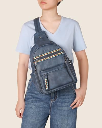 FADEON Large Sling Bag for Women, Leather Crossbody Purse Designer Anti Theft Sling Backpack, RFID Fanny Packs for Travel - color: Dark Blue Retro Style