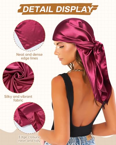 Mesovor 35” Square Head Scarf for Women, 3 Pack Like Silk Satin Headscarf Hair Neck Scarf Top Bandanas for Sleeping - color: Bright Red + Burgundy + Black