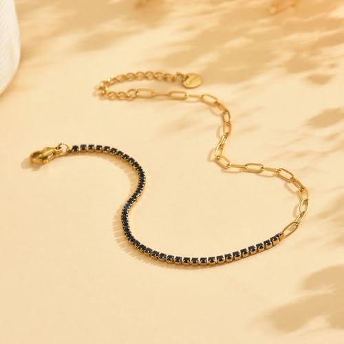 Anklet Bracelets for Women 18K Gold Plated Tennis Anklets Dainty Sapphire Paperclip Pearl Sequin Droplet Adjustable Large Anklet Bracelets Simple Beach Summer Waterproof Foot Jewelry - color: Sapphire Paperclip-Gold