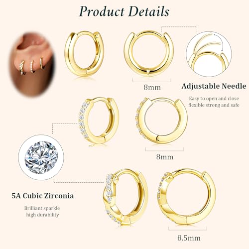 Poxtex Small Sterling Silver Huggie Hoop Earrings Set for Women, Hypoallergenic 14K Gold Plated Hoops Stacks for Multiple Piercings, Dainty Cute Mini Lightweight Cartilage Studs Trendy Jewelry Gift - color: Gold-twisted hoop