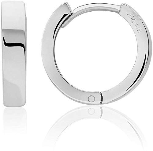 14kt Gold Huggie Hoop Earrings Minimalist Small Simple Thin huggies For Women and Men Polished Flat Hinged Hoop - color: White Gold