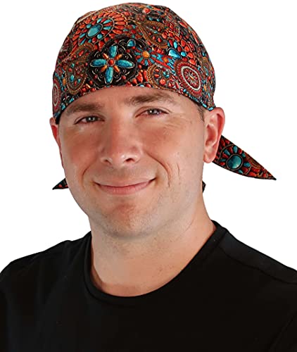 Sparkling EARTH - American Made Skull Caps Doo Rags Do Rag Durag Headwrap Head Wraps Skullies - Made in The USA! - color: Indian Jewelry Coral (Southwest Inspired)