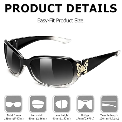 TJUTR Polarized Sunglasses for Women with Wrap Around Butterfly Design, Trendy Jackie-O Style for UV400 Protection - color: A72 Gradient Black Frame Grey Lenses