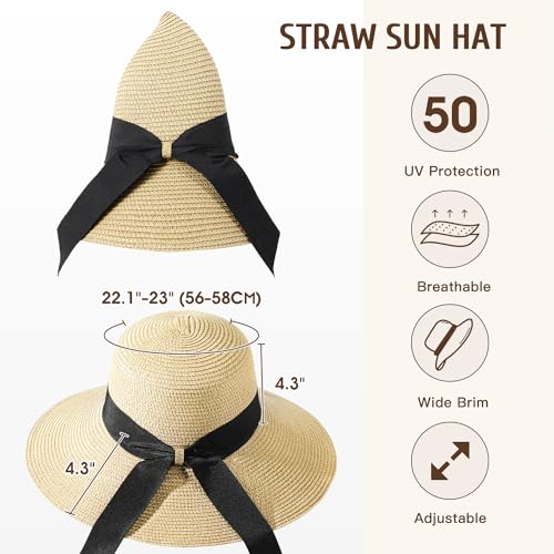 Beach Hats for Women, Sun Straw Hat for Women, UPF 50+ UV Sun Protection Sun Hat Womens, Foldable Floppy Sun Hat - color: C-beige