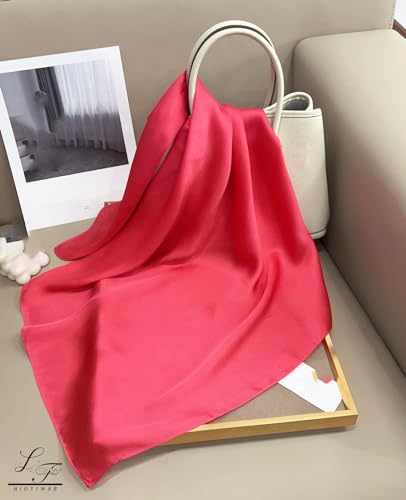 Hioyiwse Satin Square Scarf for Women Solid Color Emulation Silk Handkerchief Hair Ribbon Headband Handbag Purse - color: D1-big Red(23.6*23.6inch)
