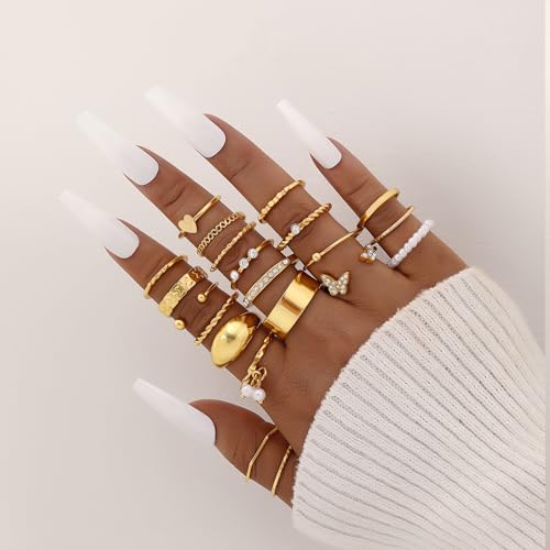 FAXHION 24-60 Pcs Gold Stackable Rings for Women, Knuckle Rings Chunky Gold Ring Set Dainty Stacking Cute Rings, Multiple Sizes Cute Jewelry Set Gift - style: Gold-21 Pcs