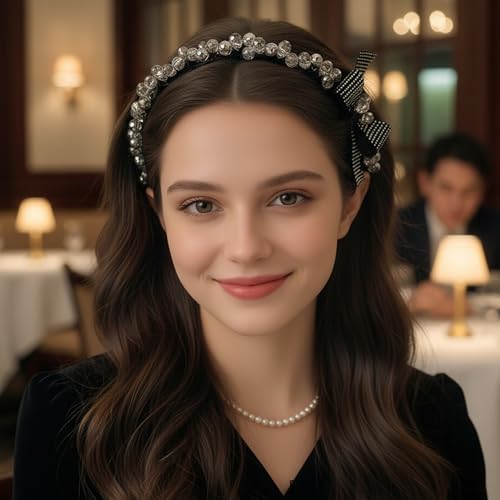 Black Crystal Bow Headband with Teeth for Women, Non-Slip Rhinestone Comb Hairband, Sparkly Studded Bowknot Hard Head Band, Elegant Cute Hair Accessories for Thick Hair - color: Sparkly Rhinestone