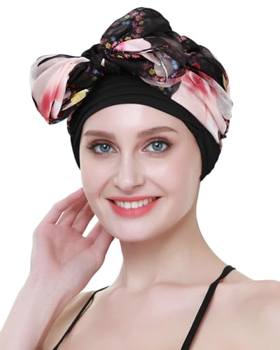 Chemo Headwear Turbans for Women Long Hair Head Scarf Headwraps Cancer Hats - color: Burgundy Black