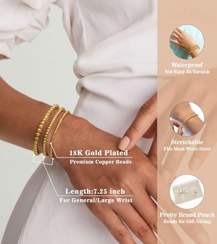 doubgood Gold Bracelets for Women, 5 Piece 14K Gold Plated Bracelet Stack Beaded Ball Jewelry Sets Gifts for Women - color: Style 4-Gold-7.25IN-(3+4+5mm)