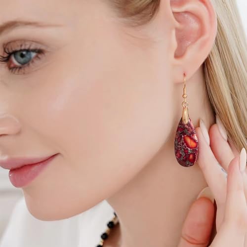 Stone Drop Earrings for Women Earrings Teardrop Jasper Stone Dangle Earrings - color: Brownish Red-Golden Hook