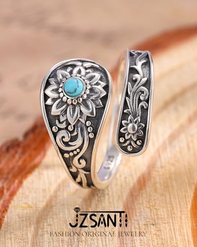 Turquoise Jewelry for Women - Sterling Silver Turquoise Rings Vintage Adjustable Sunflower Dragonfly Butterfly Spoon Ring Victorian Style Boho Antique Flower Thumb Statement Rings Jewelry Gifts for Women - color: Turquoise & Sunflower