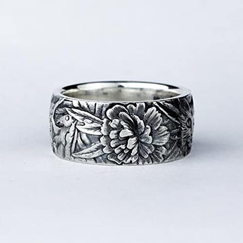 Retro Vintage S925 Sterling Silver Band Ring, Engraved Forest Flower Leaf Cat and Mouse Design, Realistic Relief, for Women and Men
