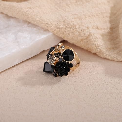 Jumwrit Shiny Crystal Flower Ring Statement Adjustable Open Band Wrap Finger Ring Square Rhinestone Floral Cocktail Ring Party Bridal Wedding Jewelry Vintage Boho Knuckle Ring for Women - color: Black