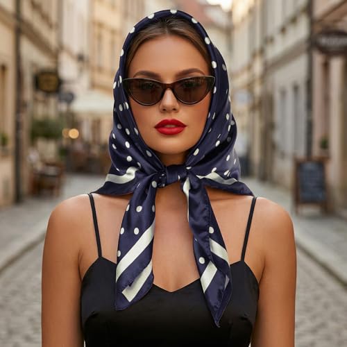 Pistha Head Scarf Bandana for Women, Satin Scarf for Hair, Large Square Silk Bandana Headscarf for Women and Men 35 Inch - style: Dot-blue