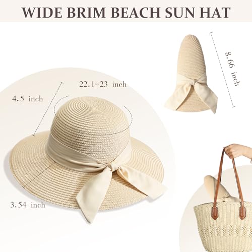 Beach Hats for Women, Sun Straw Hat for Women, UPF 50+ UV Sun Protection Sun Hat Womens, Foldable Floppy Sun Hat - color: Khaki+beige Ribbon