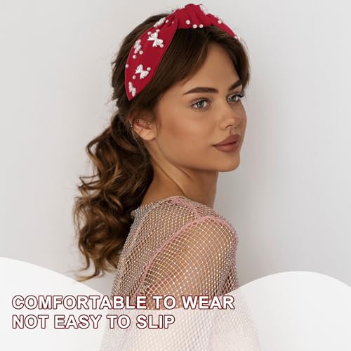 Red Headband Bow Pearl Knotted Headbands for Women Girls Cute Fashion Wide Headbands for Women Non Slip Hairbands Head Bands for Women's Hair Bow Hair Accessories - color: Red