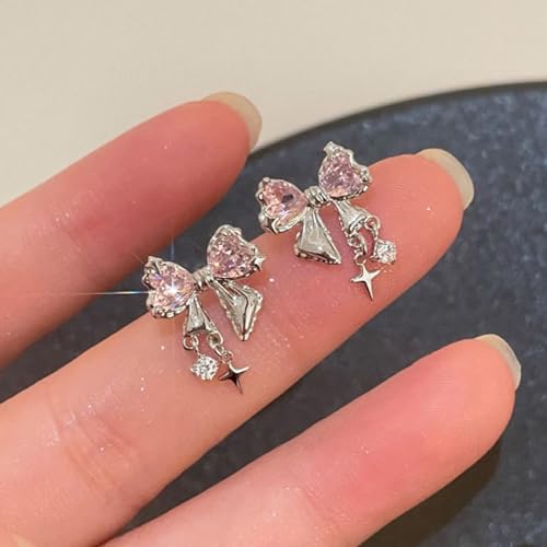 Rhinestone Bow Earrings for Women, Elegant Bridal Jewelry Statement Drop Dangle Earrings, Wedding Guest Dress Matching Accessories, Bridesmaid Gift, Sparkling Party Costume Outfit - color: C1:Pink Bow Earrings