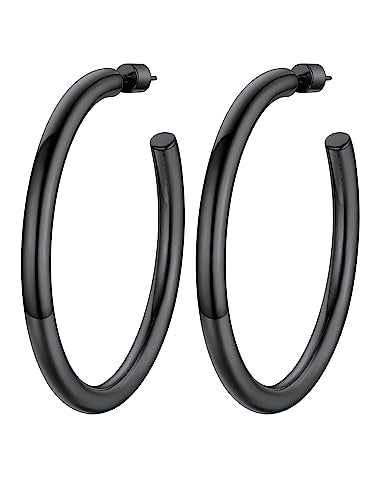 Stainless Steel Chunky Hoop Earrings For Women, Minimalist and Chic, Black/Gold Plated, Round Hoops Earrings Hypoallergenic, Size: 30mm/40mm/60mm/80mm, Come with Box - color: 2. Black, size: 60MM