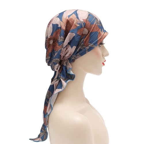 ZLYC Chemo Headwear Pre Tied Head Scarf Headwraps Lightweight Turban Beanie Cap for Women - color: Flower Blue