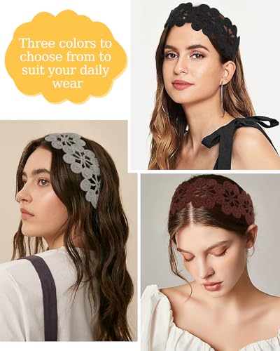 HAIMEIKANG Hippie Hair Bandanas Headbands for Women Boho Headband Knit Hair Bands Floral Head Wrap for Girls(Black + Brown + Gray) - color: Black + Brown + Gray