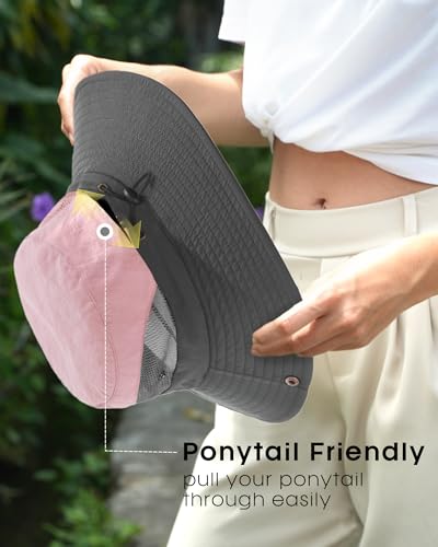 FURTALK Womens Sun Hat with Ponytail Hole Beach Hiking Summer Wide Brim UPF 50+ Outdoor Protection Foldable Bucket Hat - color: Pink-grey