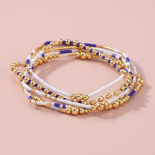 14K Gold Beaded Ball Stackable Bracelets for Women,Bohemian Stretch Colorful Seed Beads Bracelet Stack Fashion Holiday Jewelry Gift Friendship - color: Blue
