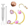 Opal Nose Ring Studs Horseshoe Nose Rings Hoops Stud 316L Stainless Steel Nose Rings Round CZ Square Screw L Shaped Nose Stud Hypoallergenic Nostril Piercing Jewelry for Women Men - color: Gold/3.0mm Pink gem/20gauge