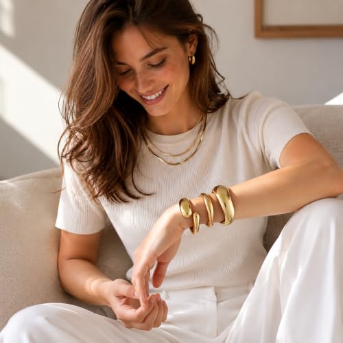 Chunky Gold Bangle Bracelets for Women Trendy 14K Gold Plated Cuff Bracelets Stack, Dainty Gold Bracelet Sets Non Tarnish Fashion Jewelry Gift - style: Gold-3pc-009