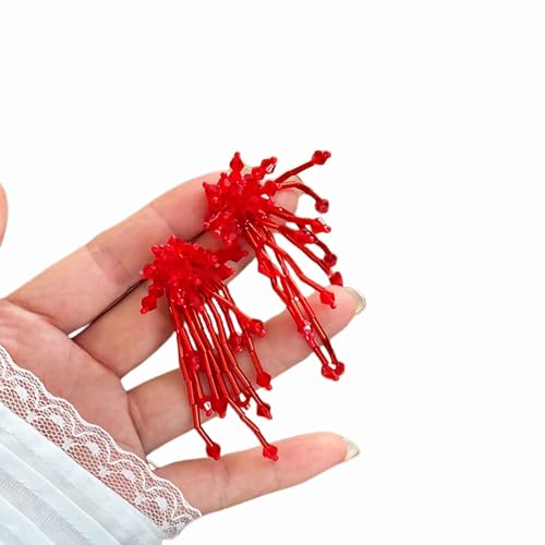 Native Beaded Tassel Earrings Boho,Fringe Drop Statement Seed Bead Tribal Dangle Earrings for Women - color: Red