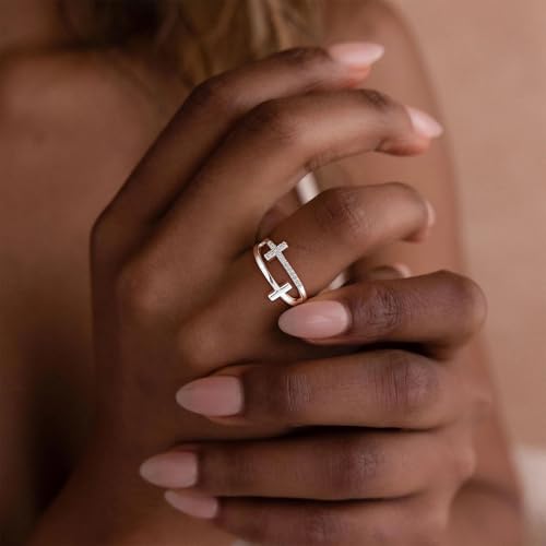 FISSEN JEWELRY Gold Rings for Women, Non Tarnish Dainty 14k Gold Plated Silver CZ Cross Ring Cute Cubic Zirconia Pinky Thumb Stackable Band Silver Finger Rings Size 6-10 Jewelry for Her - color: Silver Diamond Cross